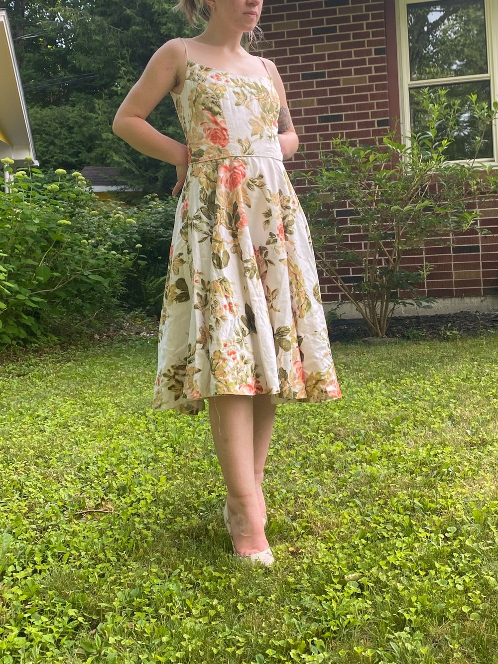 Milly Floral Square-Neck Midi Dress in Cream and Pink
